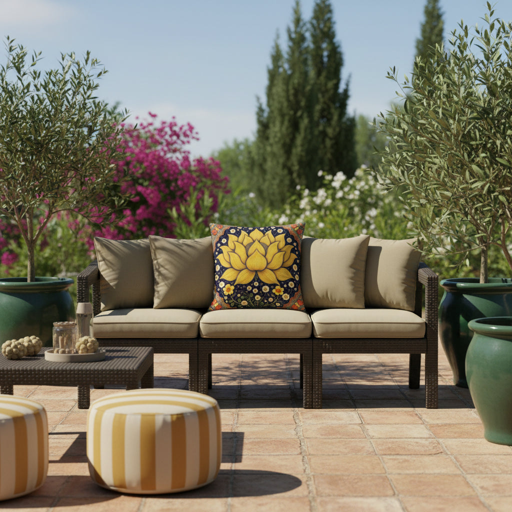 photographie lifestyle, détaillée en gros plan, vue de face d'un banc extérieur marron foncé en PVC, orné d'un  coussin carré au centre entre 2 coussins écrus foncé de chaque côté, Table basse assortie et pots vert foncé avec olivier au sol, poufs rayé ecru et jaune.