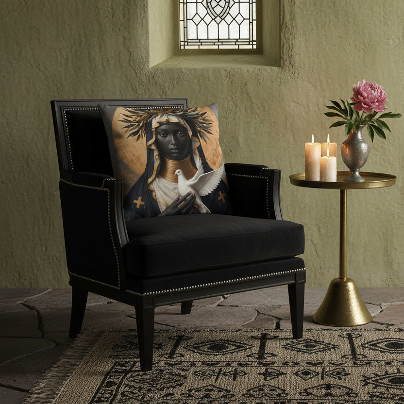 Photographie d'intérieur  neo-classique chic, avec des détails gypsy, vue de 3/4 d'une chaise empire en velours noir et bois peint noir finitions cloutées argenté, orné d'un coussin carré, statue d'un ange  créant une atmosphère artistique