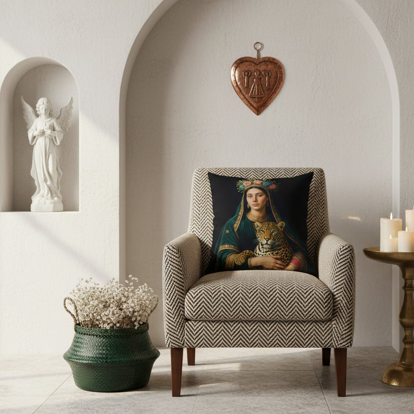 Photographie d'intérieur de style éditorial, d'un salon ambiance hacienda boho-chic moderne,  vue de face d'un fauteuil patchwork Cotelé en chevrons beige et noir, sans accoudoirs et orné d'un coussin carré