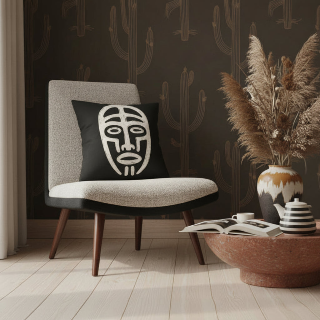 Photographie d'intérieur , vue de face d'une chaise triangulaire et assises texturées écrue et noir,  orné d'un coussin carré, contre un mur décoré d'un papier peint marron foncé avec cactus stylisés en fines lignes ocres . 