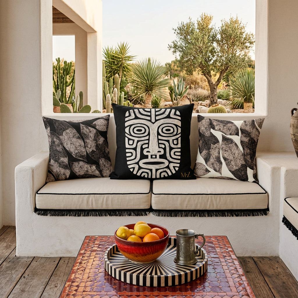 Photo professionnelle de décoration d'intérieur, hautement détaillée, terrasse d'une villa sub saharienne, baignée de soleil , une banquette taillée dans la pierre blanchie à la chaux , ornée de trois coussin mzelle design motif graphique, table basse recouverte de mosaiques , jardin arride, ambiance haut de gamme. 