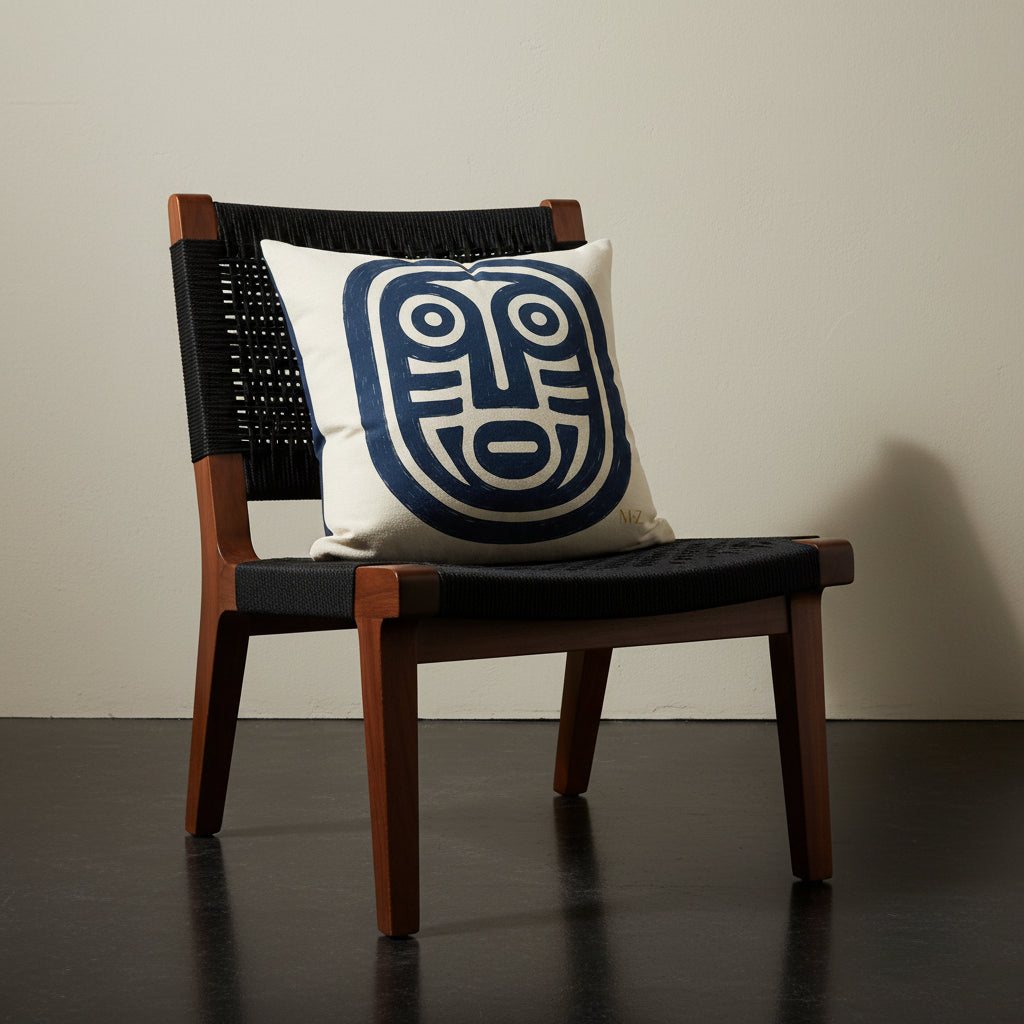 Photographie professionnelle d'un grand coussin mzelle design motif tribal afro chic disposé sur un fauteuil en bois de wengé sans accoudoirs, dossier en cordage noir, structure épaisse, disposé dans décor écru neutre.