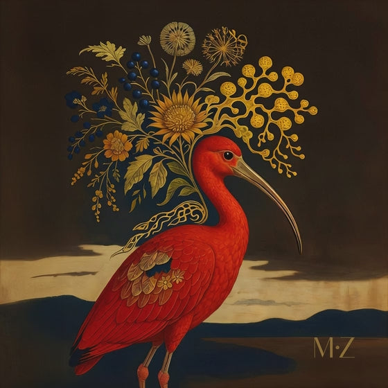 Vidéo d'un superbe Ibis rouge d'Amérique du sud, posant avec élégance sur un fond marron chocolat, décoration d'intérieur MZelle Design. 