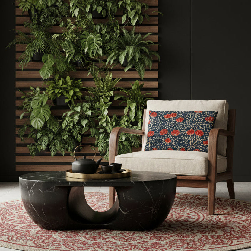 Photographie d'intérieur style éditorial haut de gamme, villa d'architecte, des panneaux tasseaux mural en bois de noyer et mur noir. Devant le mur une chaise bas en bois de noyer au dossier bas, et dont les assises en lin naturel contraste avec le coussin rectangle mzelle design.