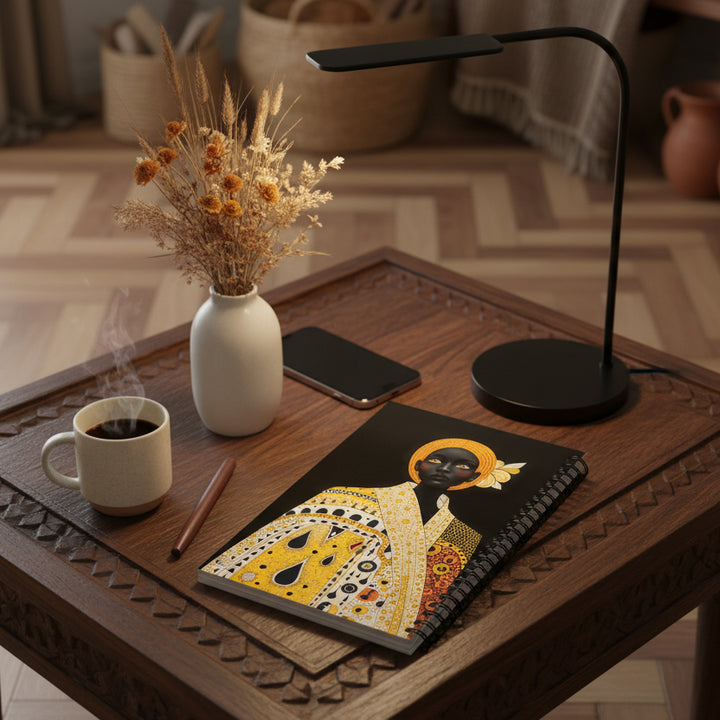 Photo de décoration professionnelle, le Carnet posé sur une table basse bois sculpté, à côté d'une tasse de café et un stylo, un vase avec des fleurs séchées, un smartphone et une petite lampe de bureau .