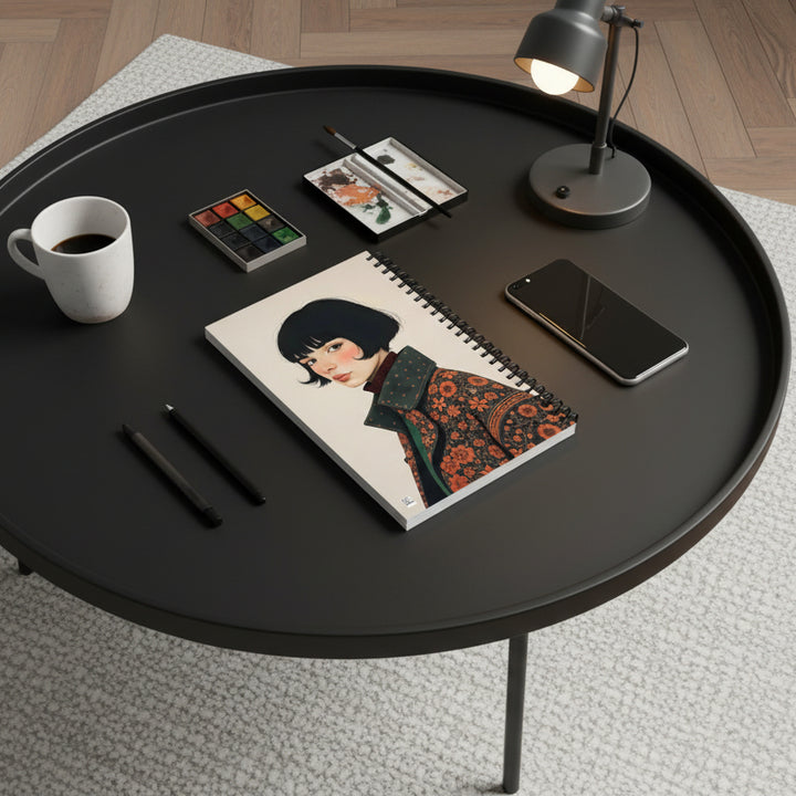 Photo de décoration professionnelle, rendu éditorial,  le Carnet posé sur une table basse arrondie noir, à côté d'une tasse de café et un stylo, une boite d'aquarelle, un smartphone et une petite lampe de bureau industrielle.