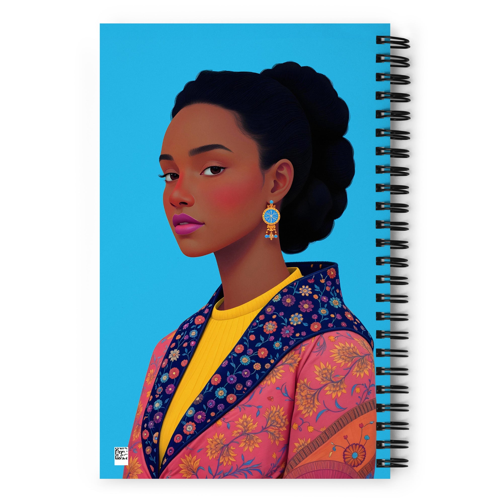 Carnet A5 MZelle Design, couverture illustrée recto et verso, portrait de femme africaine sur fond noir motif ethnique tons jaune