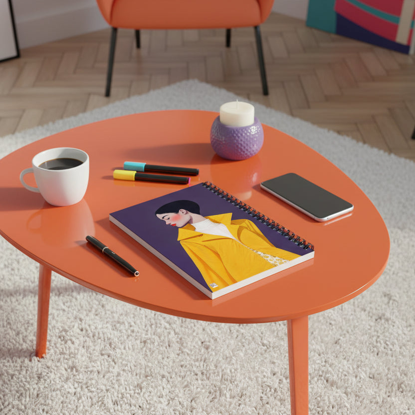Photo de décoration professionnelle, rendu éditorial, Carnet posé sur une table basse arrondie orange, à côté d'une tasse de café et un stylo.