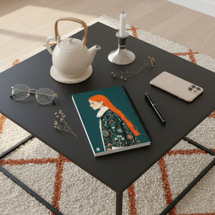 photo de décoration vue en plongée, le Carnet posé sur une table basse en métal mat noir, à côté d'une théière, un stylo, un smartphone et un photophore argenté. 