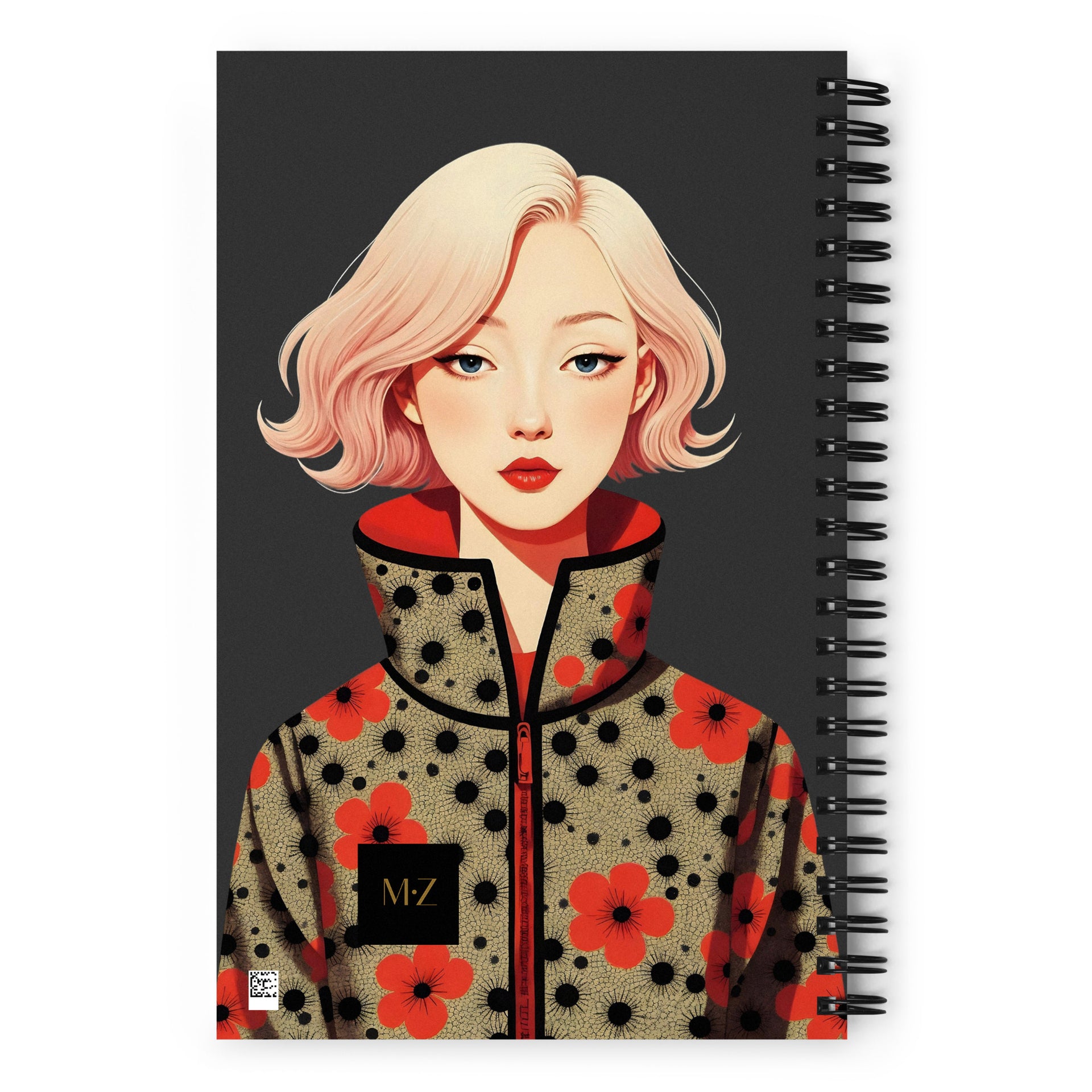 Carnet A5 MZelle Design, couverture illustrée recto et verso, portrait de femme blonde avec un manteau graphique sur fond gris 