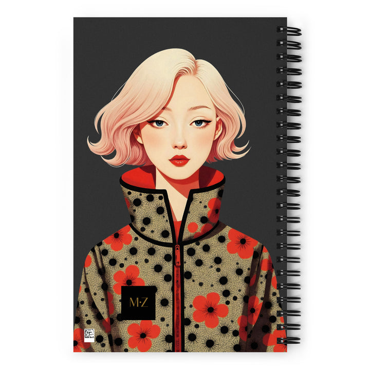 Carnet A5 MZelle Design, couverture illustrée recto et verso, portrait de femme blonde avec un manteau graphique sur fond gris 