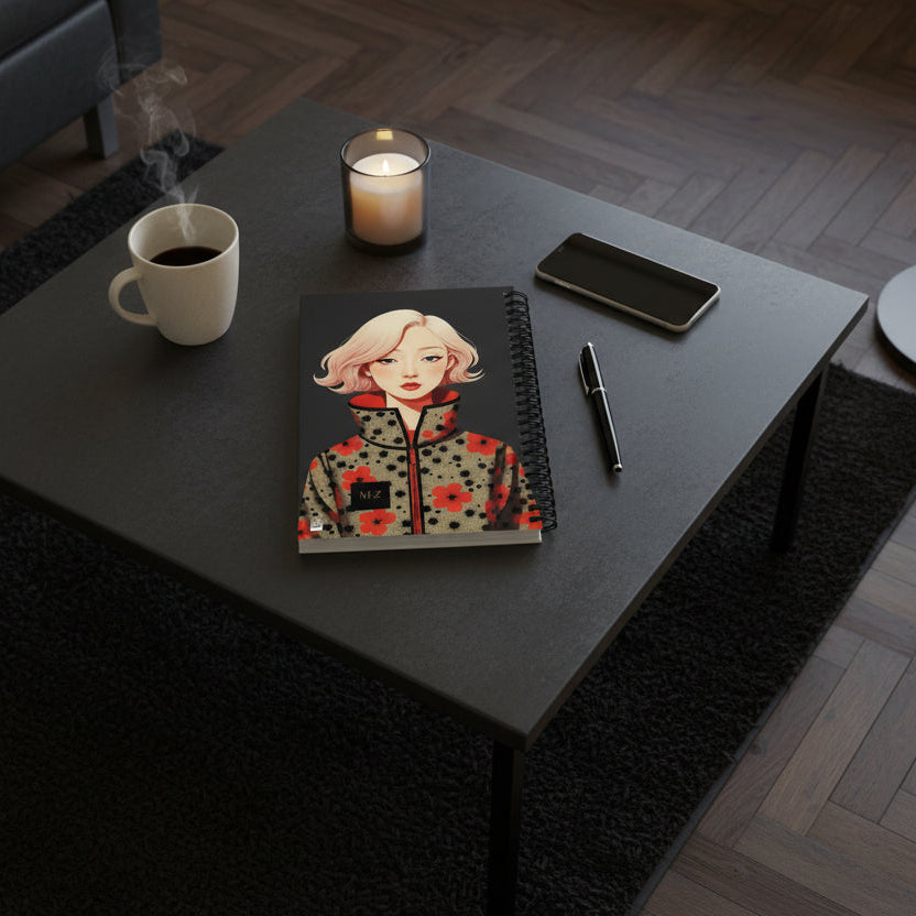 photo de décoration vue en plongée, salon moderne, le Carnet posé sur une table basse style industriel, à côté d'une tasse de thé.