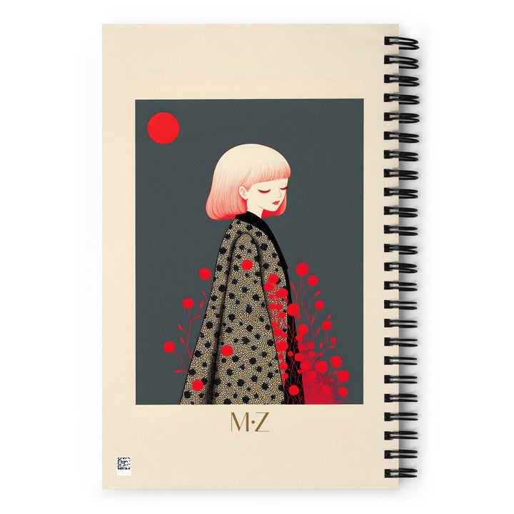 Carnet A5 MZelle Design, couverture illustrée recto et verso, portrait poétique de jeune fille blonde sur fond gris et fleurs rouges