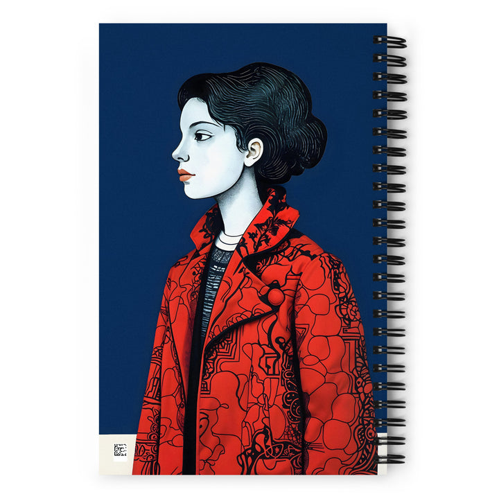 Carnet à spirale A5 MZelle design silhouette féminine blonde avec un Manteau rouge sur fond bleu marine