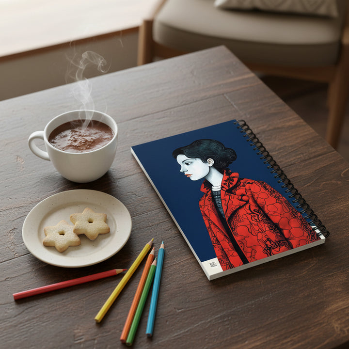 photo de décoration vue en plongée, ambiance salon de thé, le Carnet posé sur une table basse en bois foncé, une tasse de chocolat chaud et des biscuits.