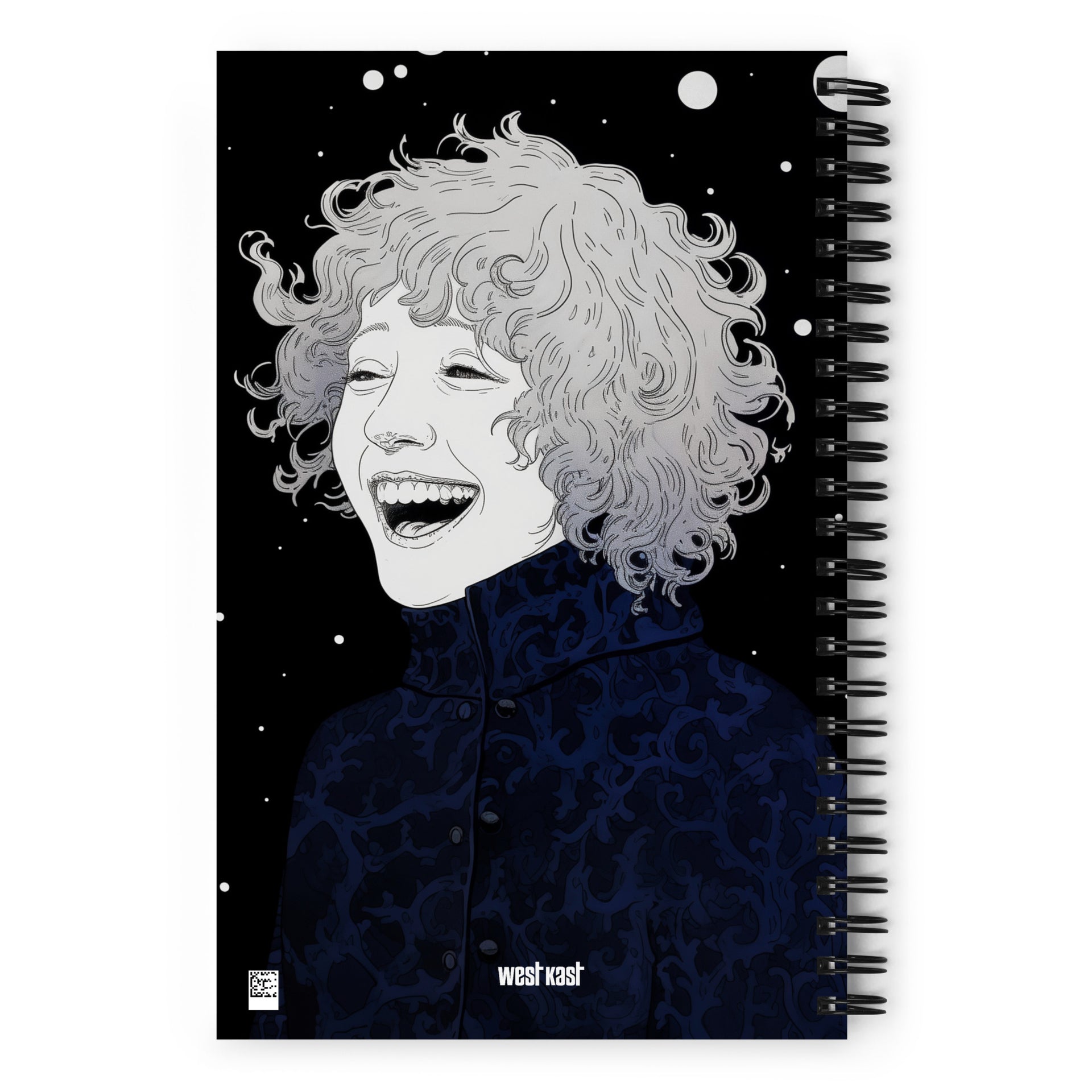 Carnet à spirale A5 illustration de West Kast, personnage rieur sous la neige, beau graphisme moderne, fond noir et gris