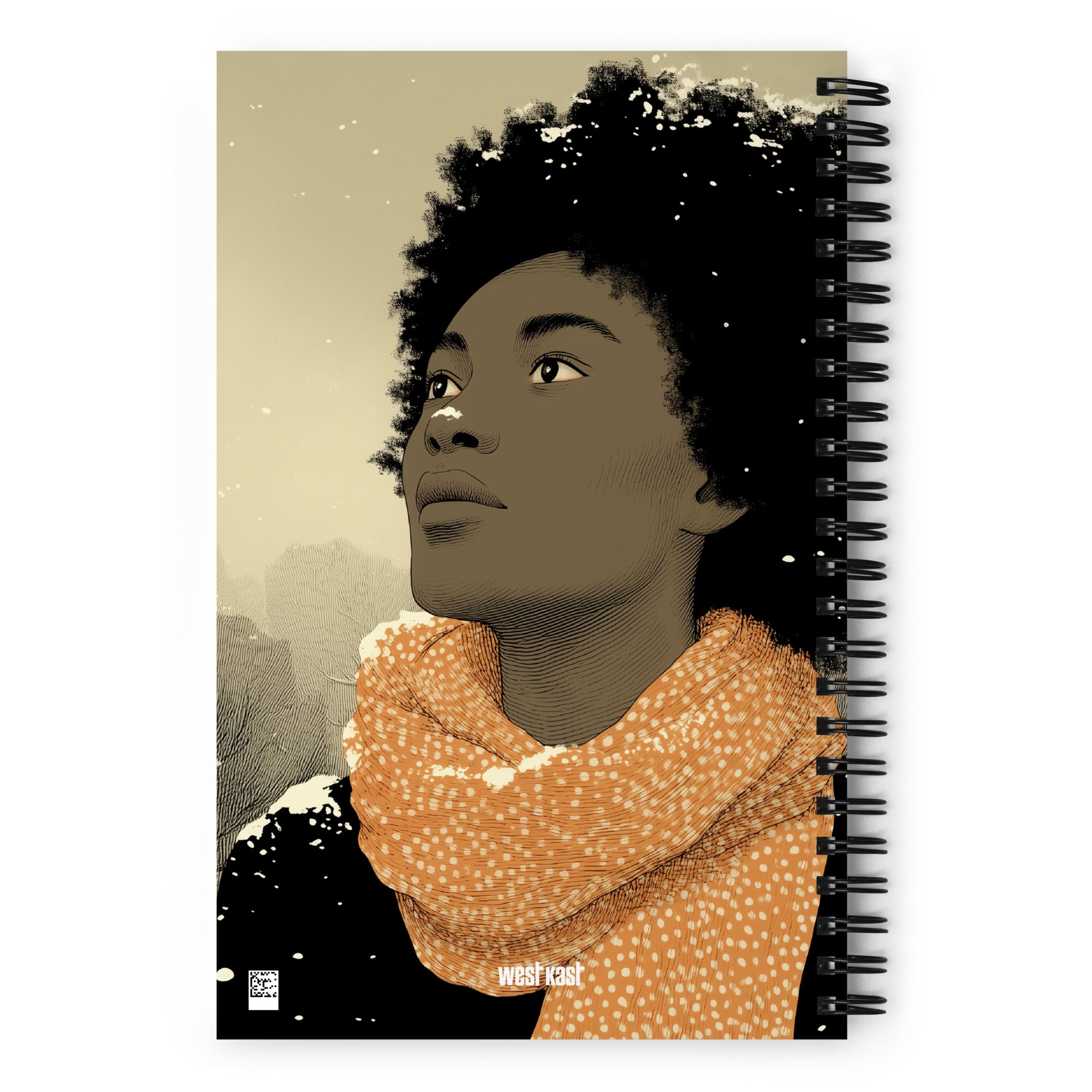 Carnet A5 Illustré par West Kast, style graphisme moderne, femme ethnique sous sous les flocons de neige, tons ocres et noirs
