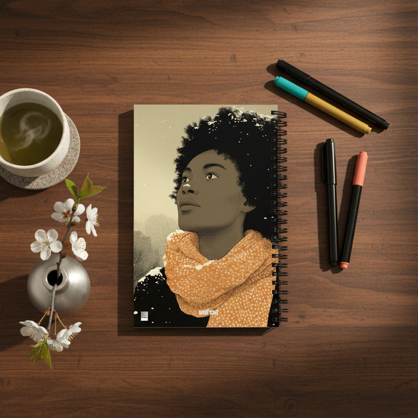 photo de décoration vue en plongée, ambiance japon, le Carnet posé sur une table basse en bois foncé, une tasse de thé, un stylo, quelques feutres et des fleurs blanches dans un petit vase argenté. 