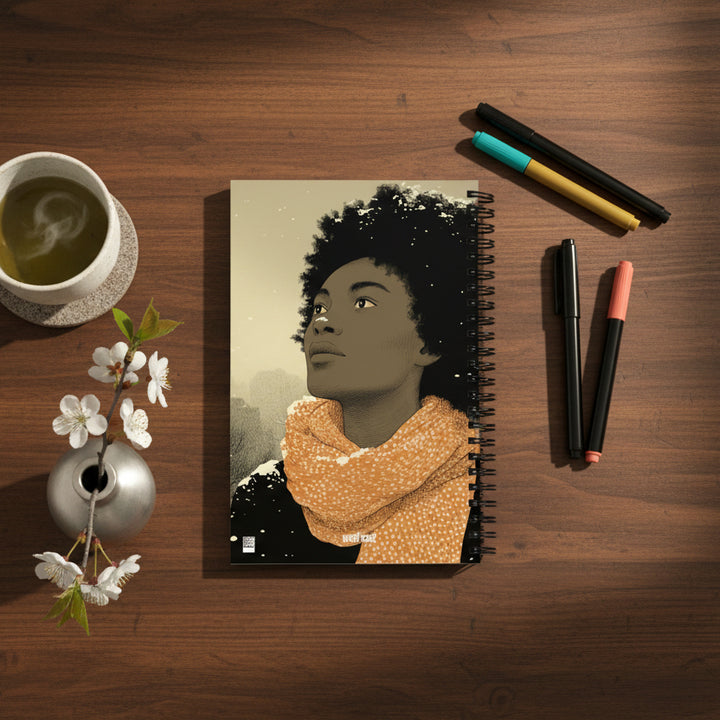 photo de décoration vue en plongée, ambiance japon, le Carnet posé sur une table basse en bois foncé, une tasse de thé, un stylo, quelques feutres et des fleurs blanches dans un petit vase argenté. 