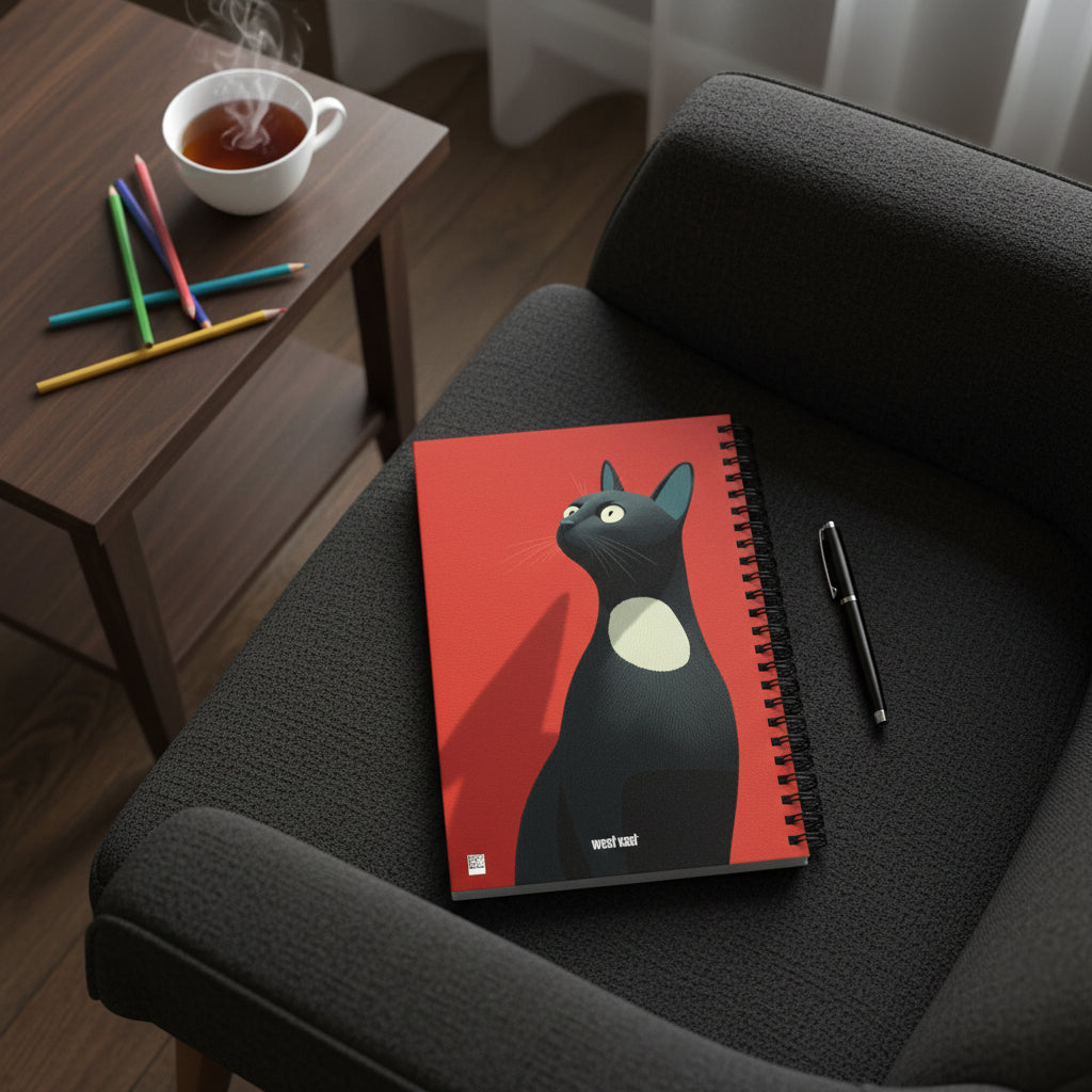 photo de décoration vue en plongée, ambiance japon, le Carnet posé sur un fauteuil noir, une tasse de thé, un stylo, quelques crayons de couleurs. 