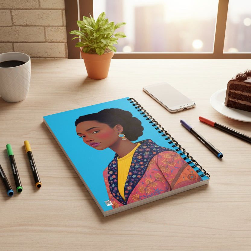 photo de décoration, vue en plongée, bureau style industriel, carnet posé sur le bureau à côté de feutres, stylo, une tasse de café, un smartphone et une part de gâteau au chocolat.