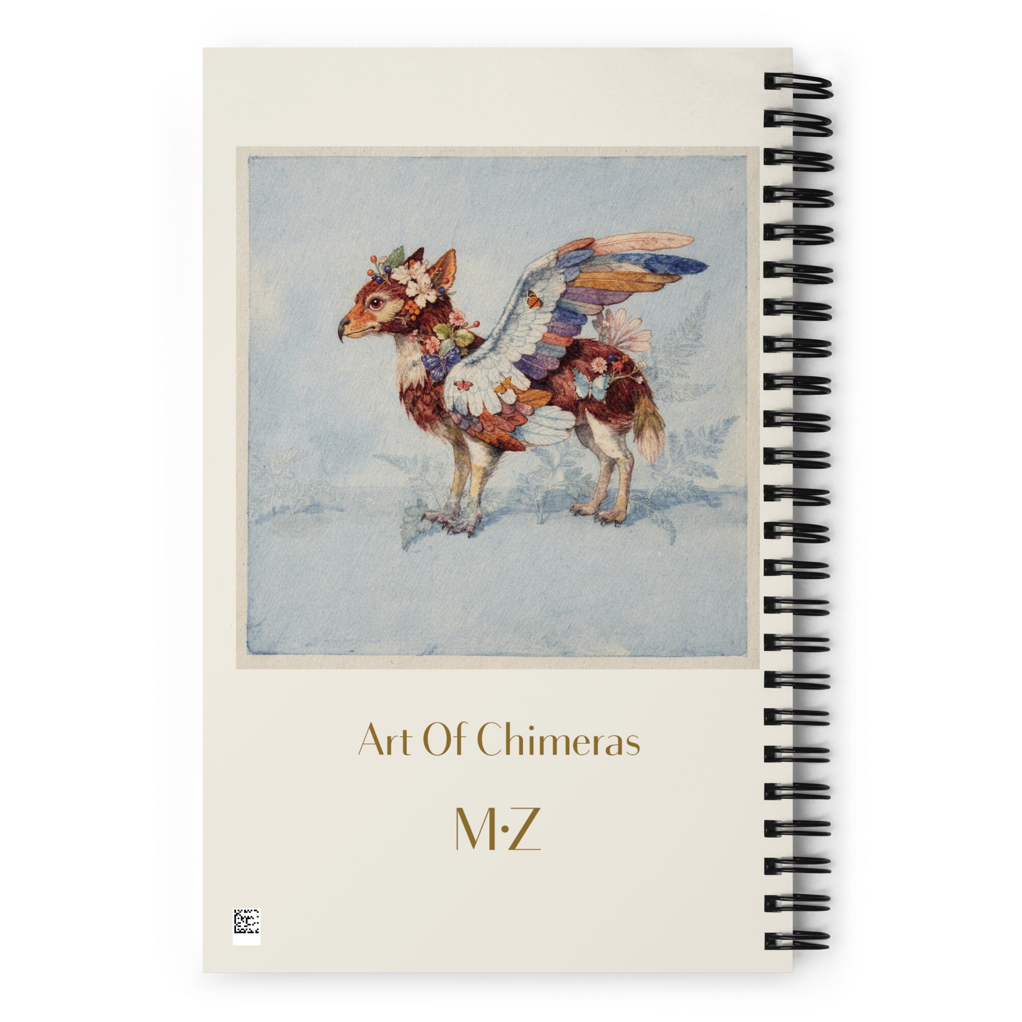 Carnet haut de gamme Mzelle Design, motif original chimère animal fabuleux style naturaliste, effet aquarelle, fleurs et papillons.