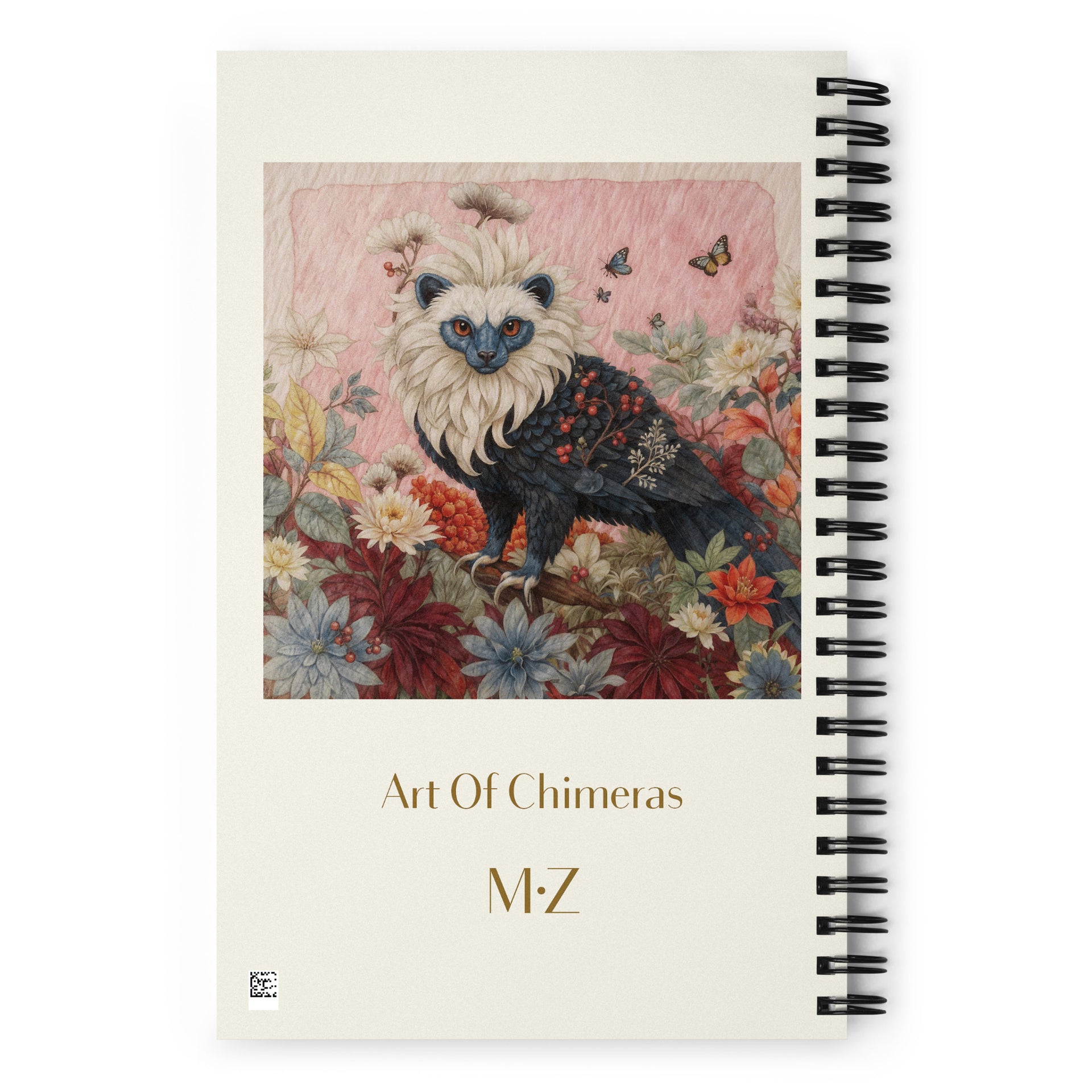 Carnet haut de gamme Mzelle Design, motif original chimère animal fabuleux style naturaliste, effet aquarelle, fleurs et papillons.
