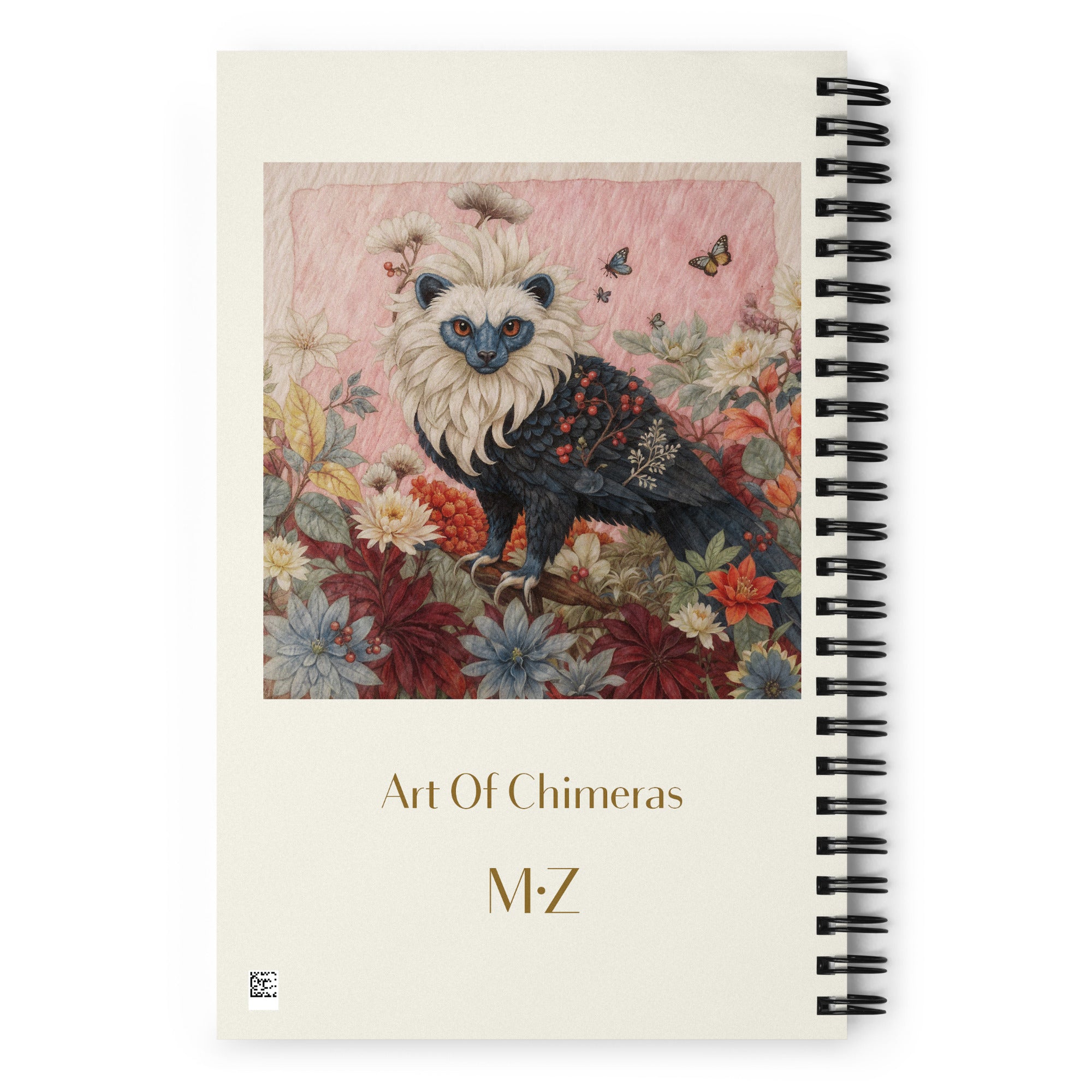 Carnet haut de gamme Mzelle Design, motif original chimère animal fabuleux style naturaliste, effet aquarelle, fleurs et papillons.