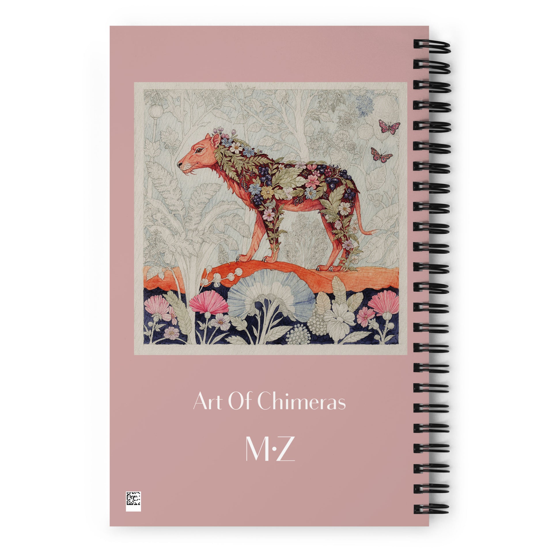 Carnet haut de gamme Mzelle Design, motif original chimère animal fabuleux style naturaliste, effet aquarelle, fleurs et papillons.
