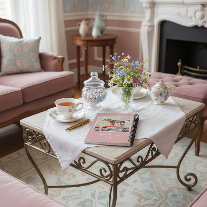 Photo professionnelle décoration style Regencycore tons pastel (mobilier en fer forgé, focus sur une table basse avec le carnet posé en évidence, une tasse de thé, un stylo plume, des dragées dans un bocal en verre, un vase de fleurs sauvage.