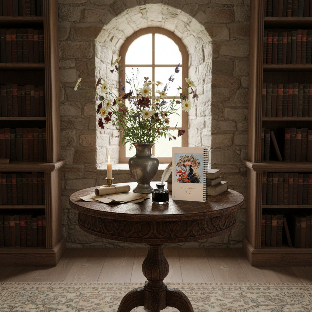 Photo professionnelle décoration  castlecore d'une bibliothèque en maison de campagne, guéridon en bois foncé avec un beau carnet mzelle design posé en évidence, un encrier et une plume pour écrire, un vase en étain rempli de fleurs sauvage, mur en pierres brutes et fenêtre.