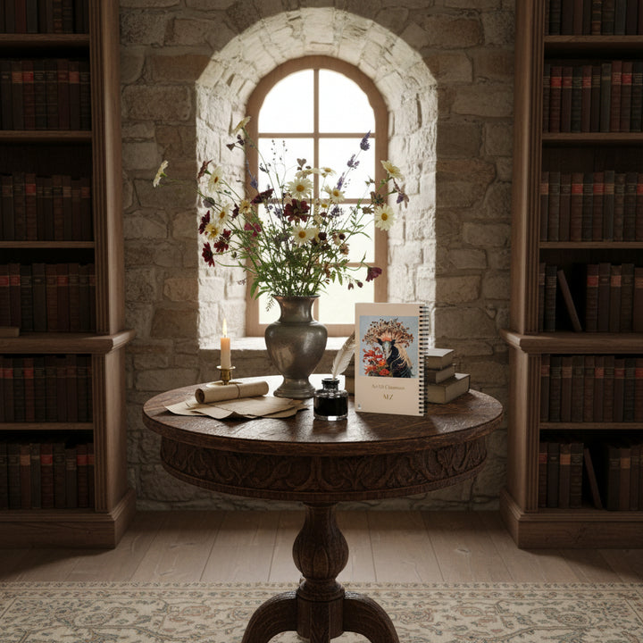 Photo professionnelle décoration  castlecore d'une bibliothèque en maison de campagne, guéridon en bois foncé avec un beau carnet mzelle design posé en évidence, un encrier et une plume pour écrire, un vase en étain rempli de fleurs sauvage, mur en pierres brutes et fenêtre.