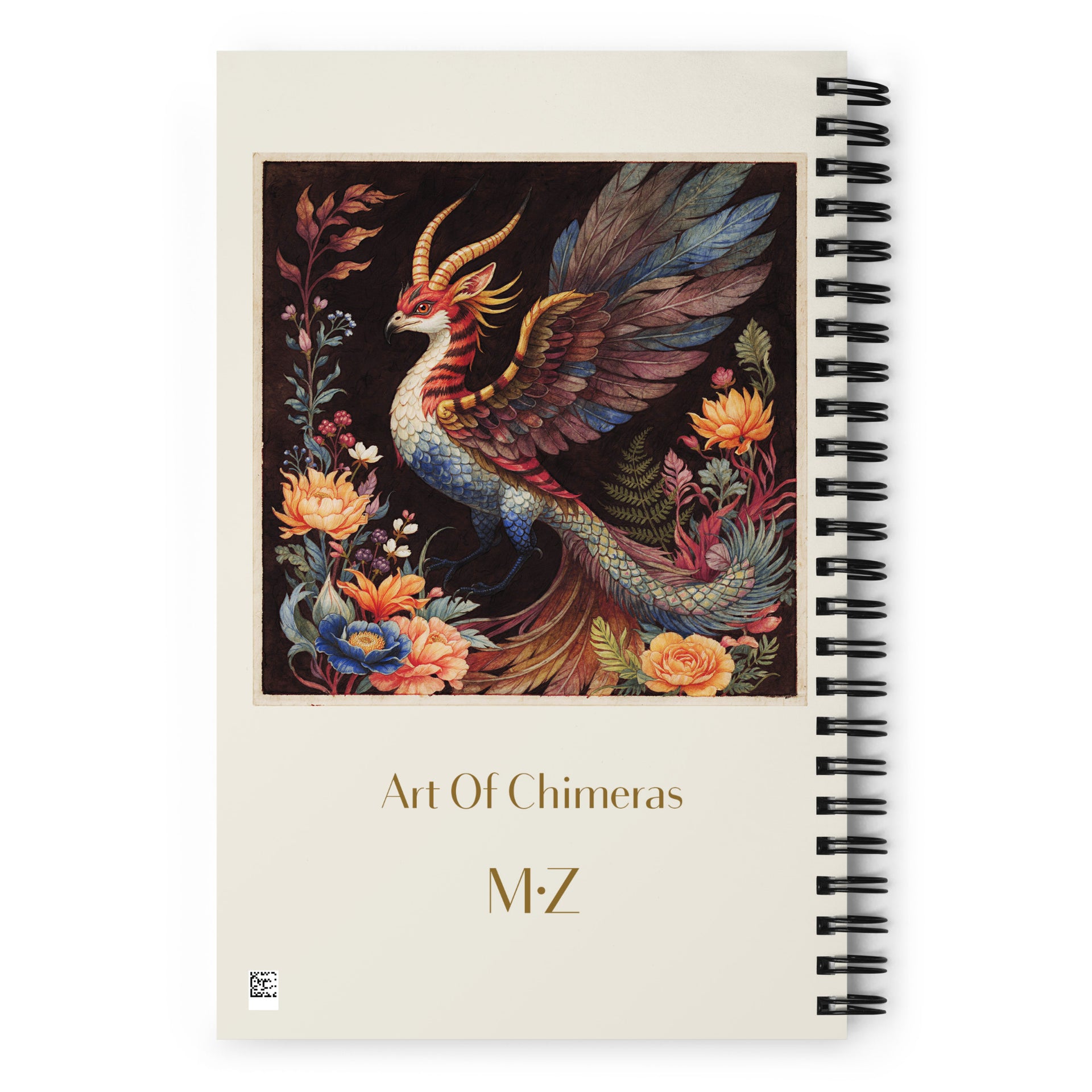 Carnet format A5 couverture illustrée haut de gamme Mzelle Design, motif original chimère animal fabuleux style naturaliste, effet aquarelle, fleurs et papillons.