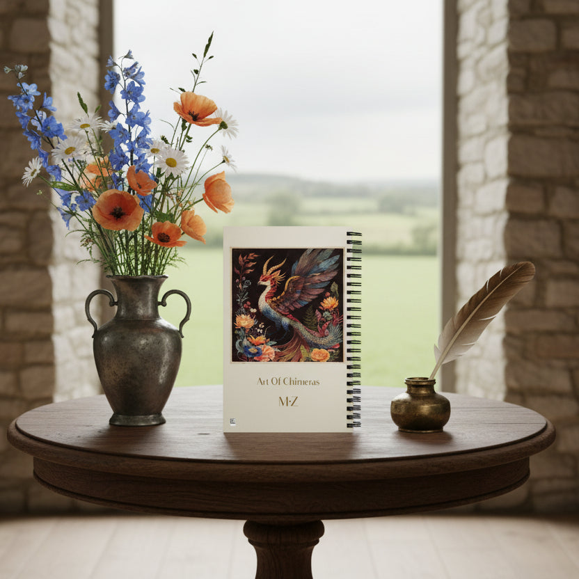 Photo professionnelle décoration  castlecore  en maison de campagne, vue  sur un guéridon en bois foncé avec un beau carnet mzelle design posé à la verticale, un encrier et une plume pour écrire, un vase en étain rempli de fleurs sauvage, mur en pierres brutes et fenêtre.