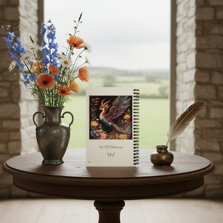 Photo professionnelle décoration  castlecore  en maison de campagne, vue  sur un guéridon en bois foncé avec un beau carnet mzelle design posé à la verticale, un encrier et une plume pour écrire, un vase en étain rempli de fleurs sauvage, mur en pierres brutes et fenêtre.