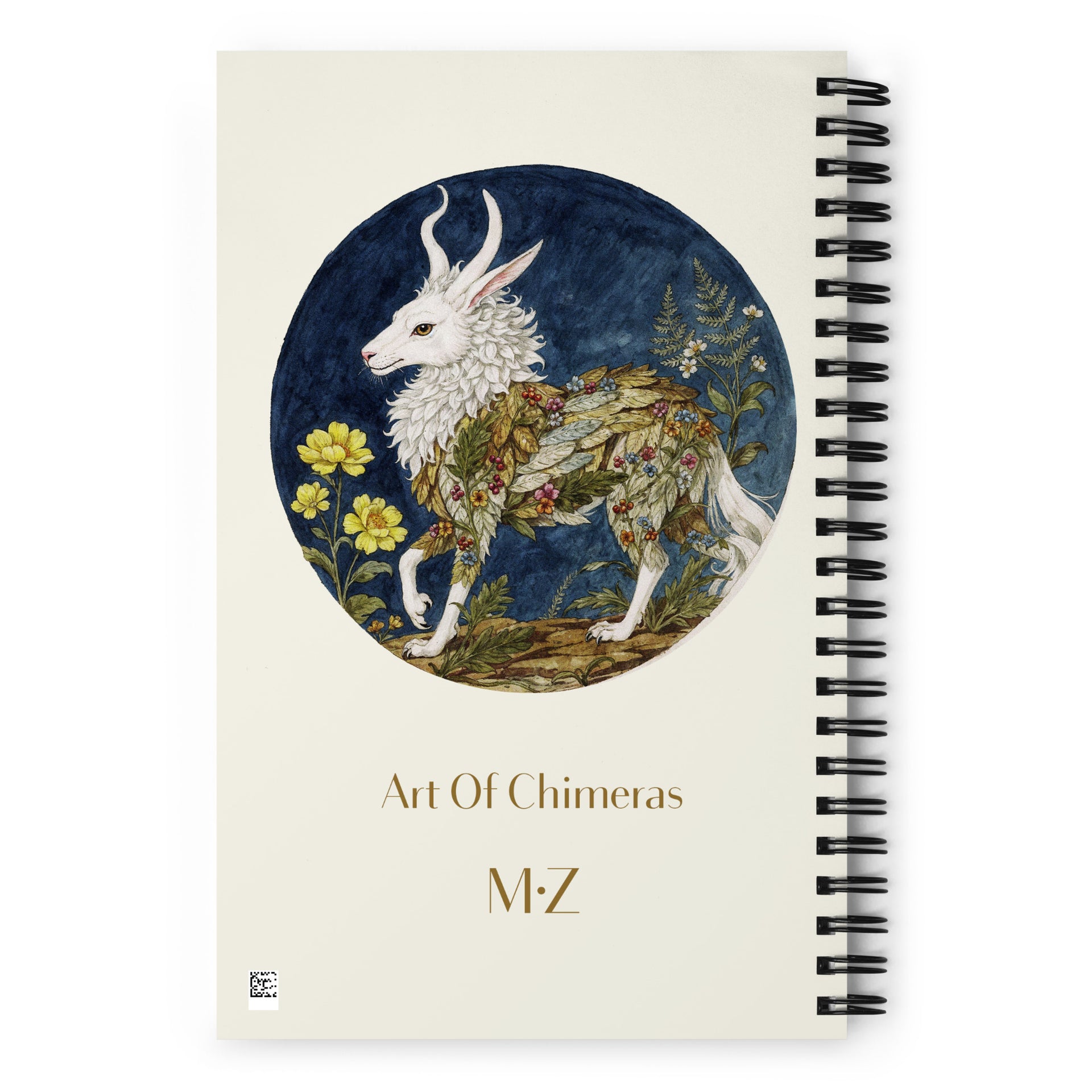 Carnet format A5 couverture illustrée haut de gamme Mzelle Design, motif original chimère animal fabuleux style naturaliste, effet aquarelle, fleurs et coccinelles.