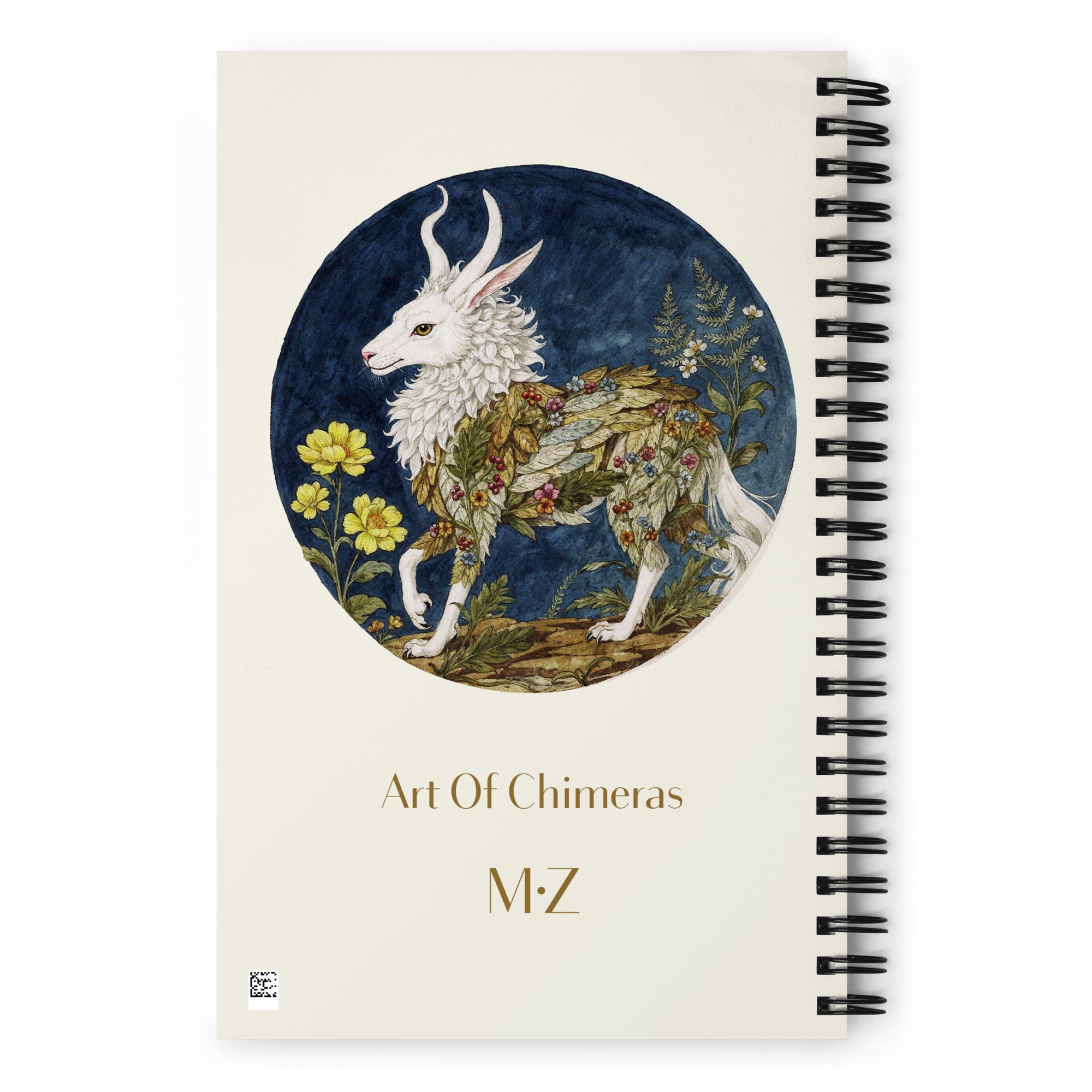 Carnet format A5 couverture illustrée haut de gamme Mzelle Design, motif original chimère animal fabuleux style naturaliste, effet aquarelle, fleurs et coccinelles.