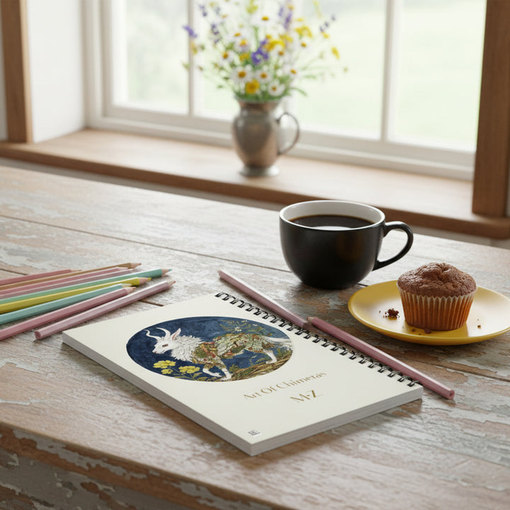 Photo professionnelle décoration cottage anglais, une table rustique beige avec peinture écaillée, où est posé un carnet  mzelle design posé en évidence avec des crayons de couleurs, une tasse de café noir, un muffin, Un vase en étain de fleurs sauvage sur le rebord de la fenêtre.