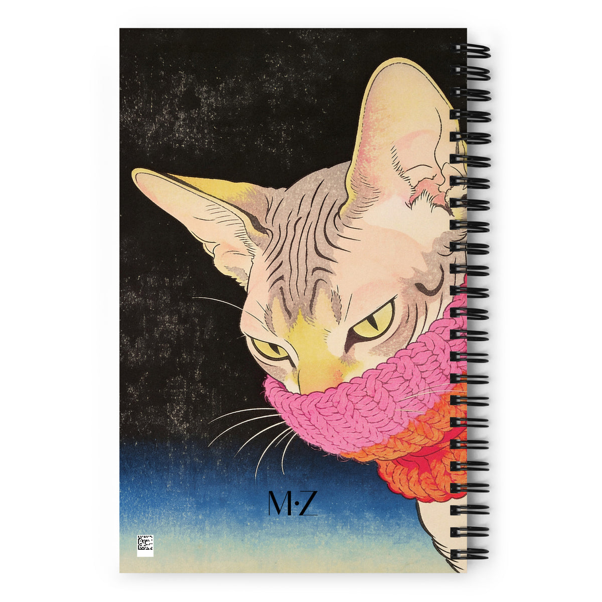 Carnet A5 à spirale, 140 pages pointillées, Couverture motif Chat Mzelle design style ukiyo-e japonais.