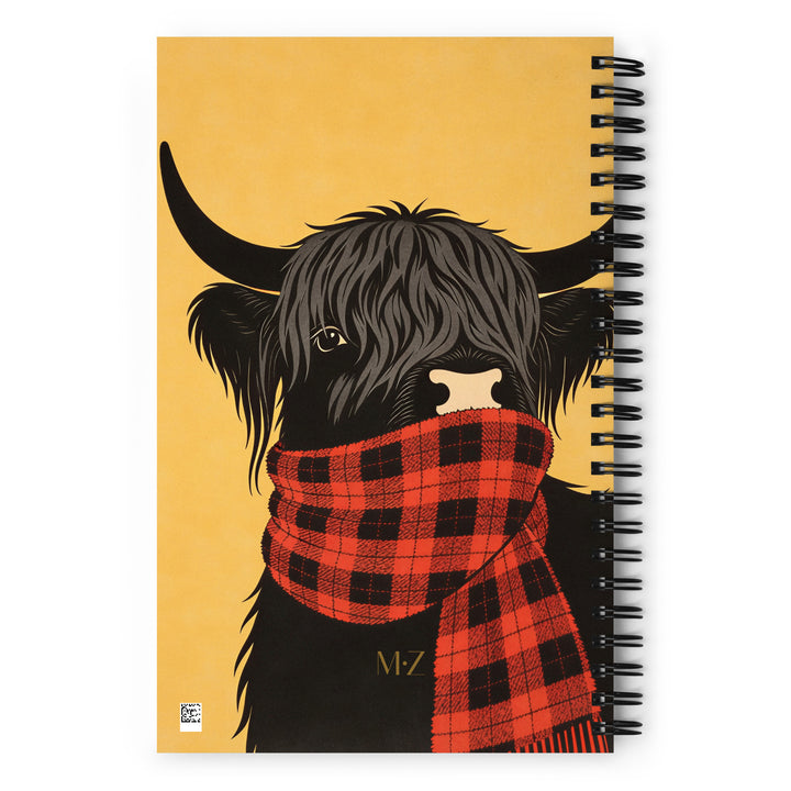 Carnet A5 à spirale mzelle design, 140 pages pointillées, Couverture motif Vache d'Ecosse stylisée, esprit japon.