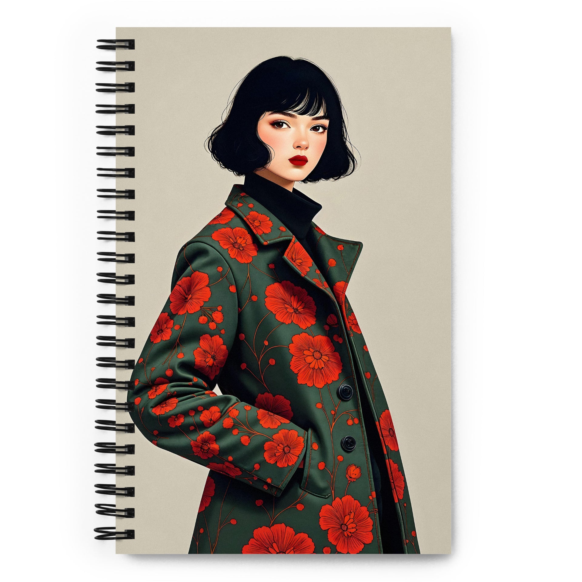 Carnet A5 Mzelle Design, couverture illustrée recto et verso, portrait de femme brune avec un manteau kaki à fleurs oranges sur fond écru.