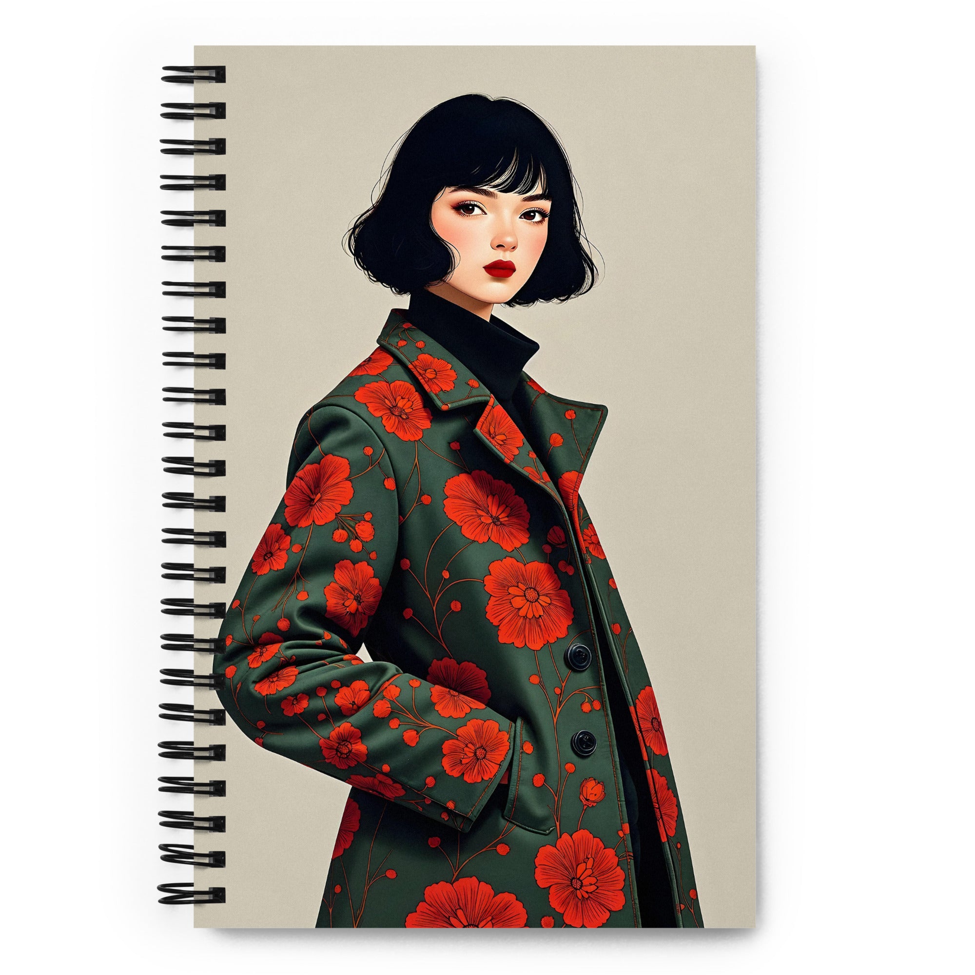 Carnet A5 Mzelle Design, couverture illustrée recto et verso, portrait de femme brune avec un manteau kaki à fleurs oranges sur fond écru.