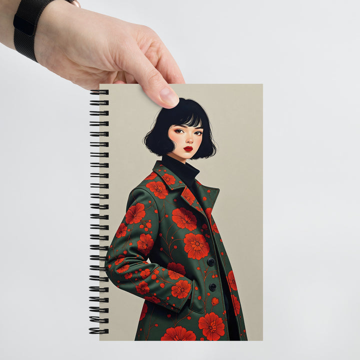 Carnet A5 Mzelle Design, couverture illustrée recto et verso, portrait de femme brune avec un manteau kaki à fleurs oranges sur fond écru.