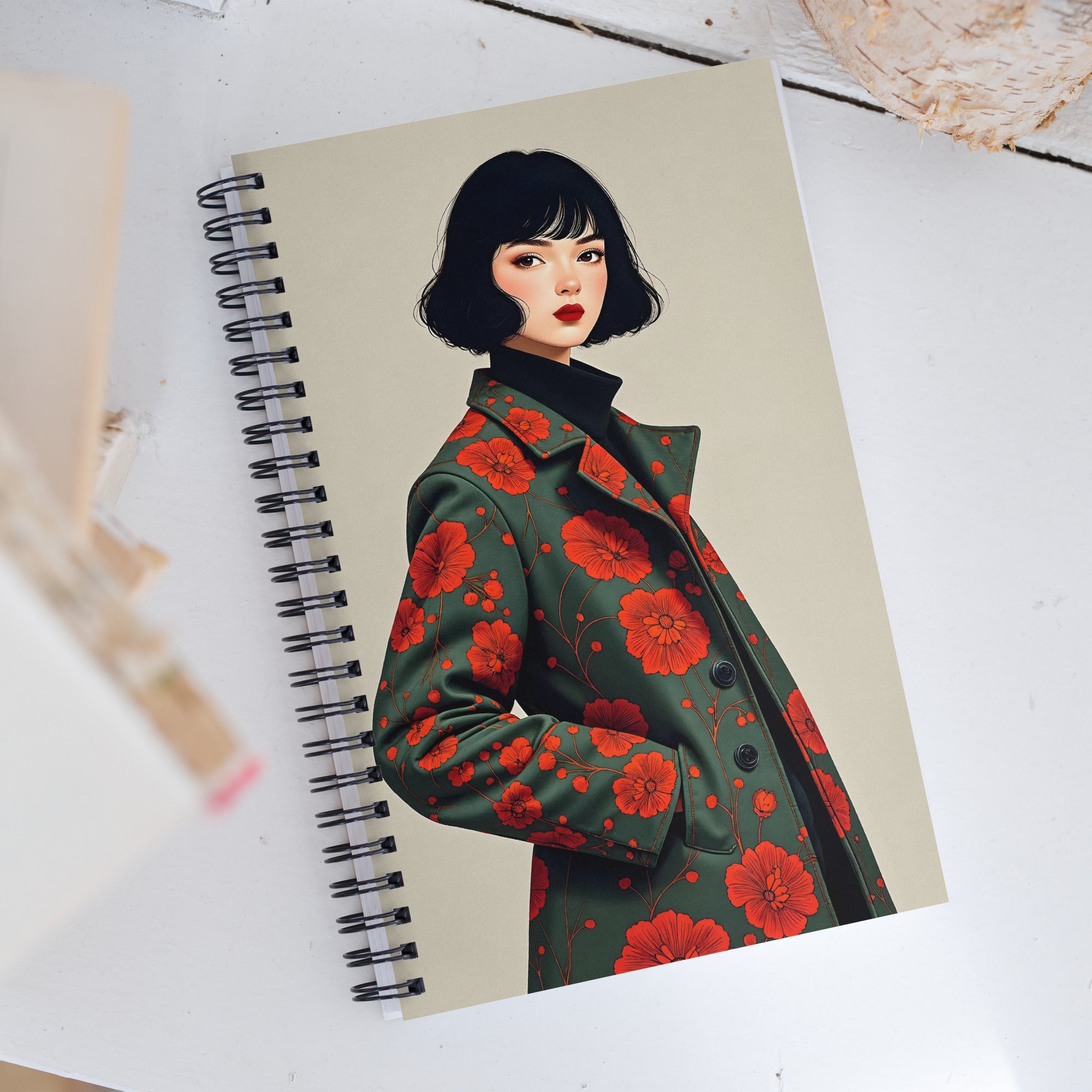 Carnet A5 Mzelle Design, couverture illustrée recto et verso, portrait de femme brune avec un manteau kaki à fleurs oranges sur fond écru.