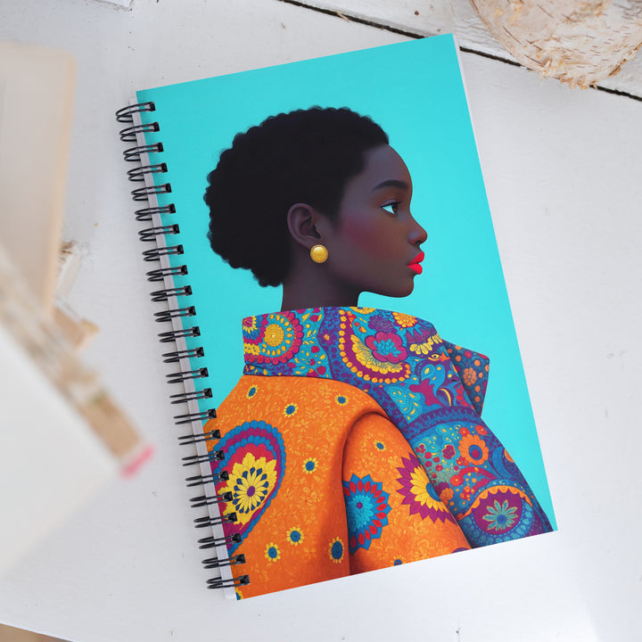 Carnet A5 MZelle Design, couverture illustrée recto et verso, portrait de femme africaine sur fond noir motif ethnique tons jaune
