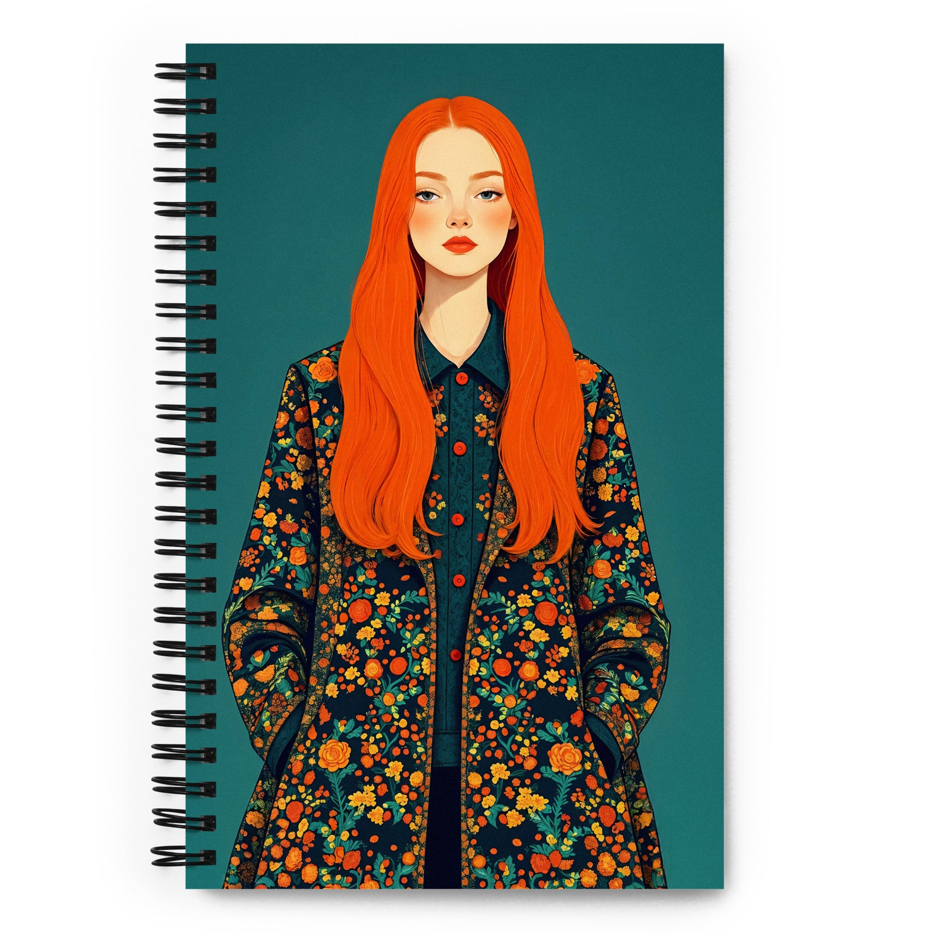Carnet A5 MZelle Design, couverture illustrée recto et verso, portrait de femme rousse avec un manteau fleuri, sur fond turquoise foncé 
