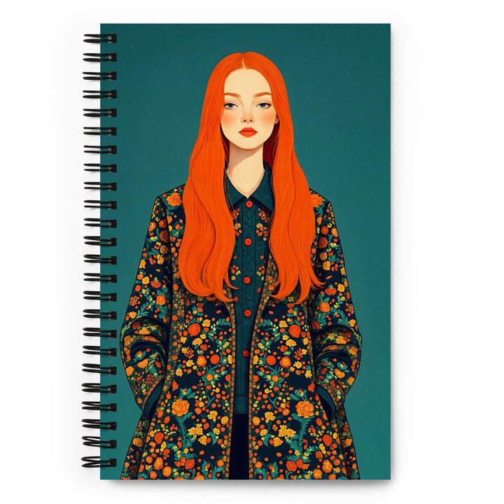 Carnet A5 MZelle Design, couverture illustrée recto et verso, portrait de femme rousse avec un manteau fleuri, sur fond turquoise foncé 