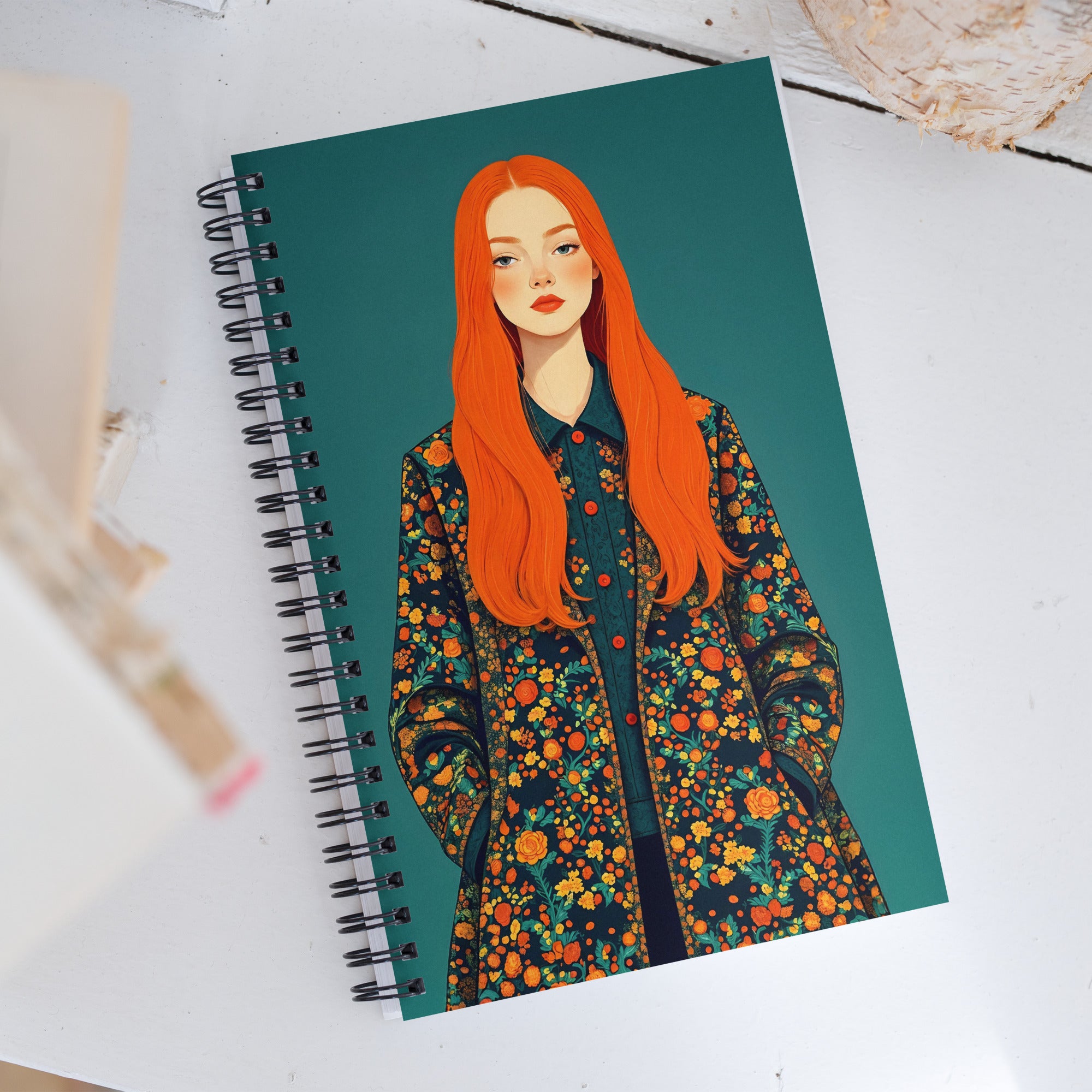 Carnet A5 MZelle Design, couverture illustrée recto et verso, portrait de femme rousse avec un manteau fleuri, sur fond turquoise foncé 
