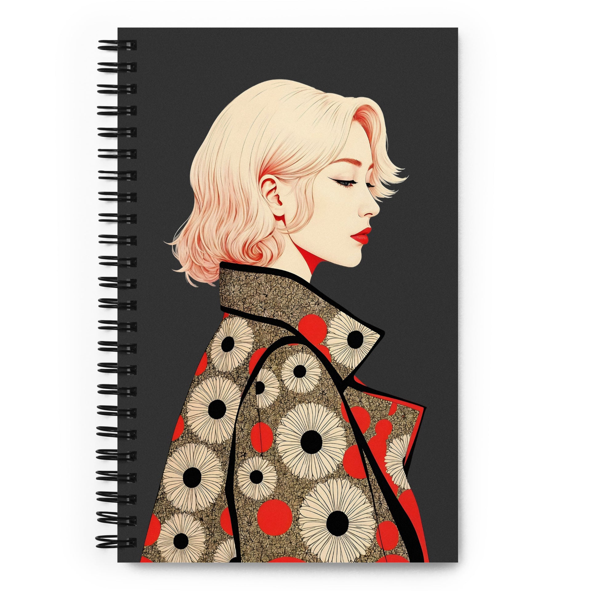 Carnet A5 MZelle Design, couverture illustrée recto et verso, portrait de femme blonde avec un manteau graphique sur fond gris 