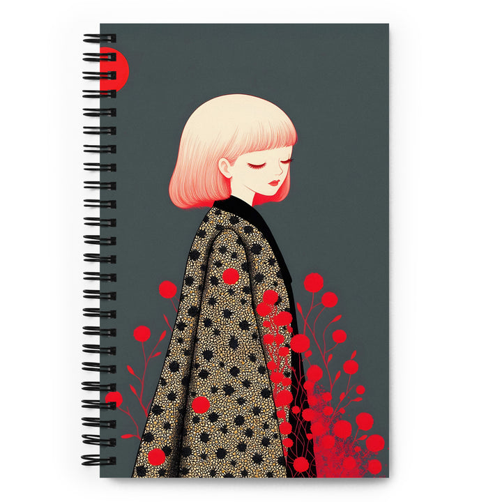 Carnet A5 MZelle Design, couverture illustrée recto et verso, portrait poétique de jeune fille blonde sur fond gris et fleurs rouges